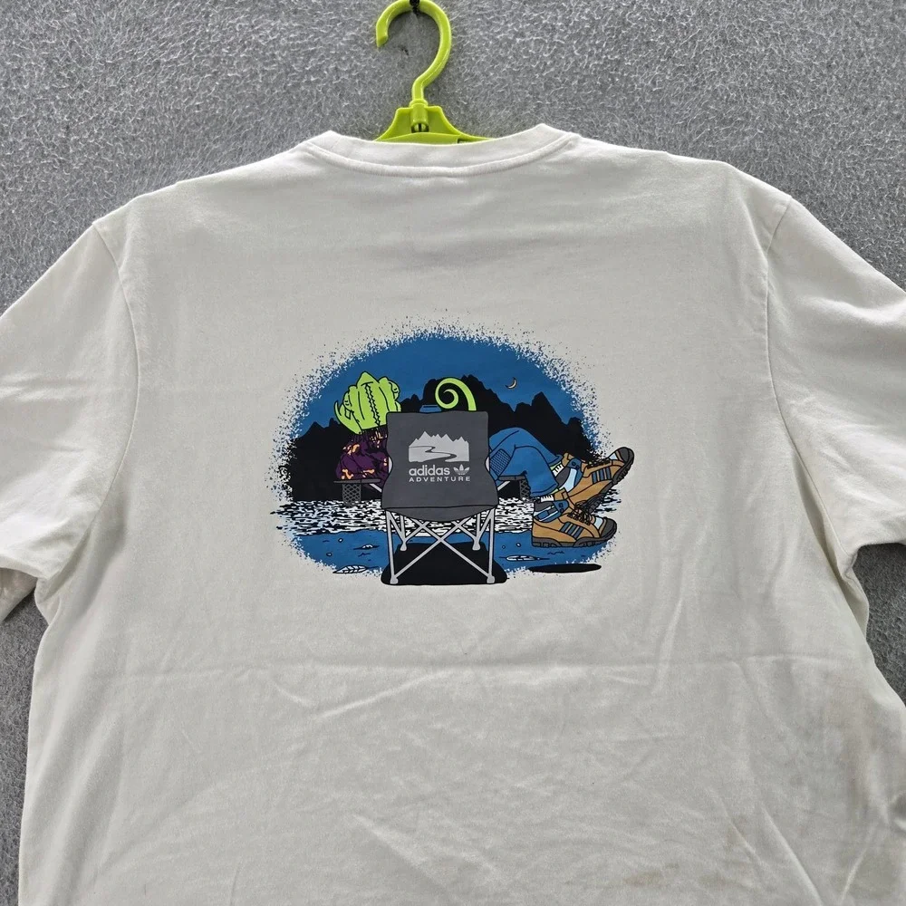 Adidas Men Shirt L White Graphic Print Adventure Camping Logo READ